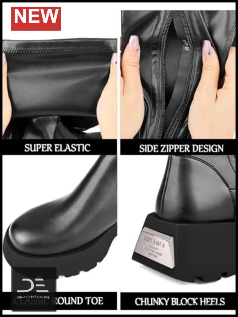 Over the Knee Boots Platform Lug Sole Mid Heel Stretch Side Zipper